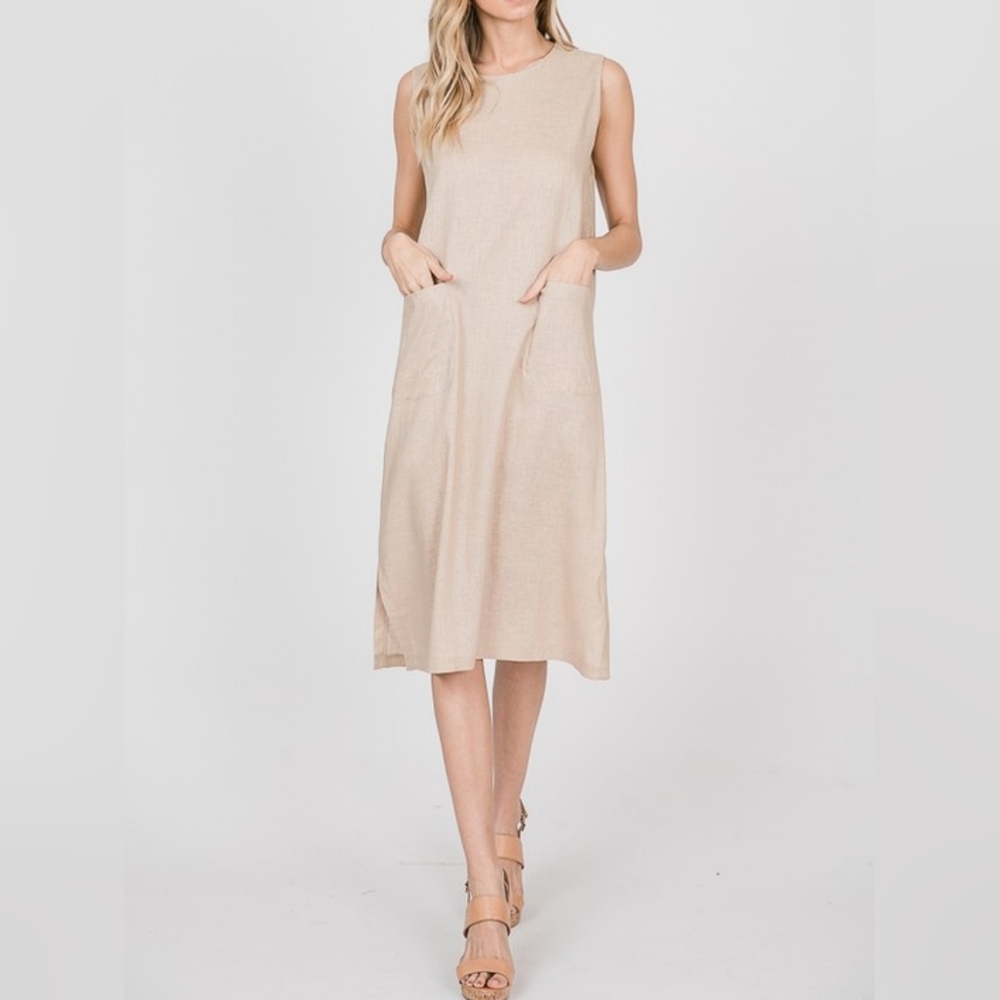 #36 SALE 🛑28 S,M,L FINAL PRICE Linen Blend Front Pockets Sleeveless Midi Dress - Picture 14 of 14
